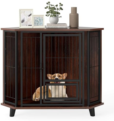 SOARS Eck-Hundekäfig Möbel, Hundebox für Zuhause, Hundehütte Indoor für kleine/mittlere Hunde, Hundehaus mit Futtertür, abschließbare Tür, 60 x 60 x 71,5 cm