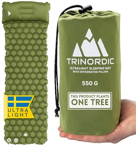 TRINORDIC 550g Ultraleichte Aufblasbare Isomatte - Mit Aufblasbarem Kissen - Camping Matratze mit Kleines Packmaß für Outdoor, Camping, Wandern & Bikepacking