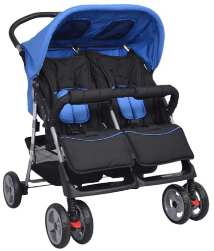 vidaXL Zwillingskinderwagen Stahl Blau und Schwarz