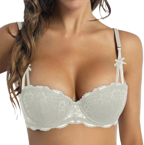 EQWIGKEIT Damen Dirndl BH Push Up Balconette Mit Bügel Sexy Spitze Bra Halbschale Transparent Trachtenmieder Bralette Grosse Grössen Gepolsterten Minimizer-BHS