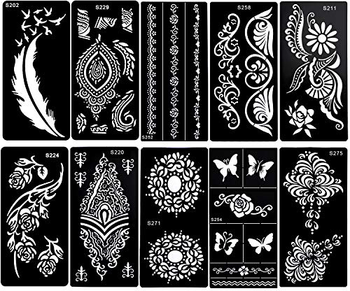 Konsait Henna Tattoo Schablonen, Glitter Tattoos Schablonen Feder Mandala Blume Schwarz Tattoos Schablone henna Tätowierung Designs für Frau Kinder Mädchen, 10 Blatt