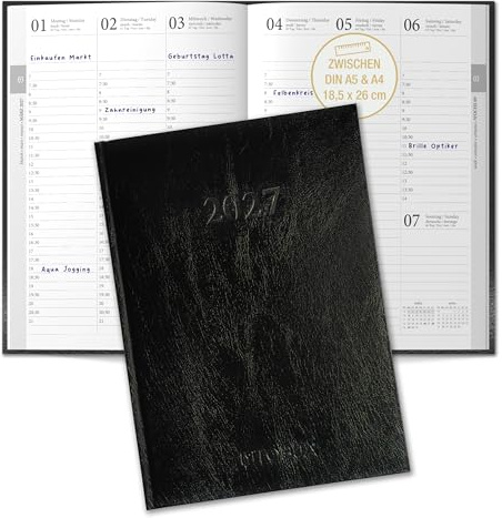 TOBJA® Buchkalender 2027 OptiPlaner Pure - Klassisch schwarz, Lederoptik, 30-Min-Taktung 7-21 Uhr, Wochenplaner zwischen A5 & A4 (18,5x26 cm), FSC, 4-sprachig | Terminplaner 2027