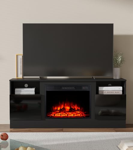 M.C.Haus Elektrischer Kamin mit TV-Ständer, 58.8cm Kamin, für bis zu 143.9 * 80cm TV, Modernes Holzstruktur Entertainment Center mit LED Licht, Highlight Schrank und Glasfront, 147.3cm, Schwarz