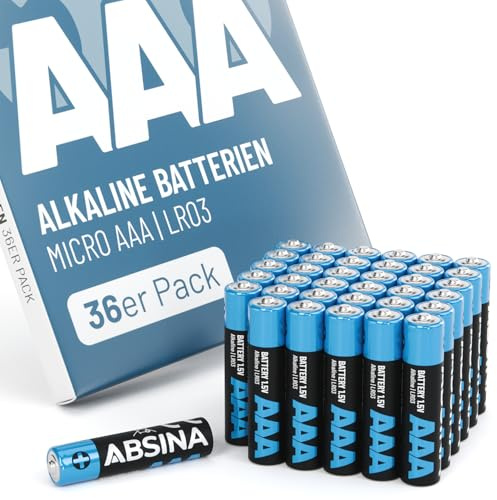 ABSINA 36x AAA Batterien Großpackung 1,5V Alkaline - Langlebige Micro LR03 Batterien AAA für Fernbedieung, Spielzeug, Wecker UVM - Batterie AAA