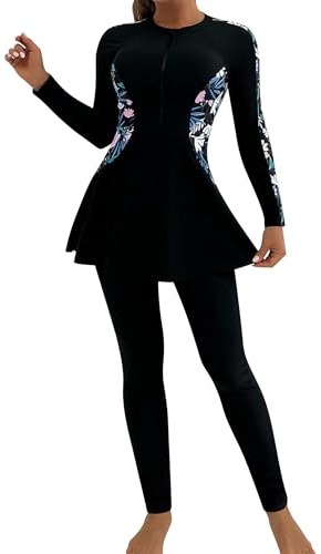 AGYMNX Muslimischen Bademode Damen Lange Ärmel Volle Abdeckung Muslim Badeanzug Zwei Stück Runder Hals Gedruckt Swimsuit Bademode Badehose Strandkleidung