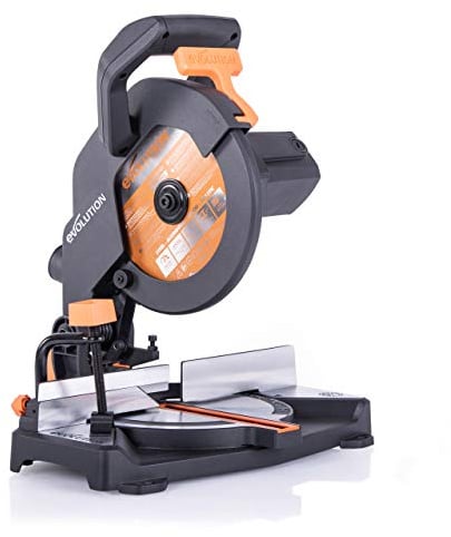 Evolution Gehrungssäge R210CMS | 1200 W Gehrungssäge | Inkl. Ø 210 mm HM-Sägeblatt Multi-Material-Schneiden Holz, Aluminium, Stahl, Kunststoff | 0°- 45° Fase und 45°- 45° Gehrungswinkel | Kappsäge