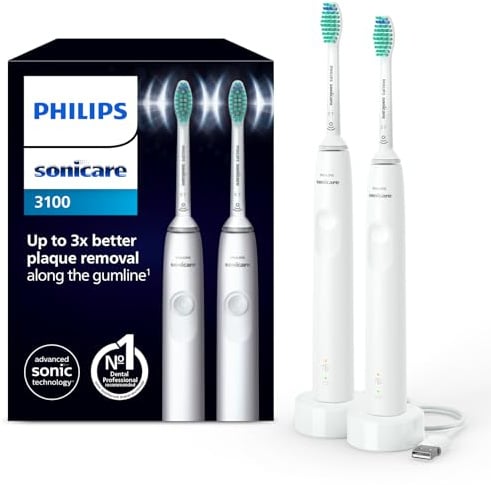 Philips Sonicare 3100 elektrische Zahnbürste, Schallzahnbürste, Andruckkontrolle und Timer, Weiß, Zweierpack, Modell HX3675/13
