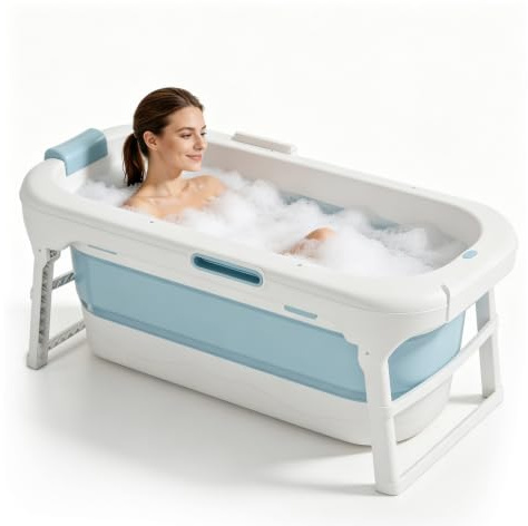 HENGMEI Faltbare Badewanne 128 x 62 x 52 cm Erwachsene XL Mobile Tragbare | Badewanne Mit Abdeckung Massagerollen und Badewannenablage, Blau