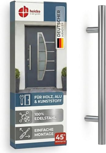 h heicko Vanessa Edelstahl Stoßgriff mit 45° Stützen – Haustürgriff Edelstahl matt gebürstet – Türgriff für Haus- & Schiebetüren – L = 400 mm/A = 300 mm – inkl. Montagematerial