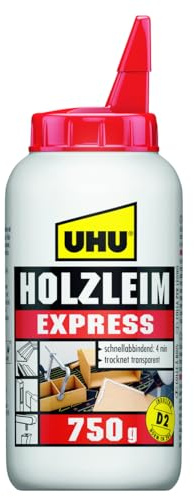 UHU Holzleim Express Flasche, Universeller und besonders schnell trocknender Weißleim - geeignet für alle üblichen Holzarten und -verklebungen, 750 g