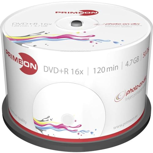 Primeon DVD+R 4.7GB/120Min/16x Cakebox, photo-on-disc, Inkjet Full Size Printable Surface (50 Disc) weiß, 2761226