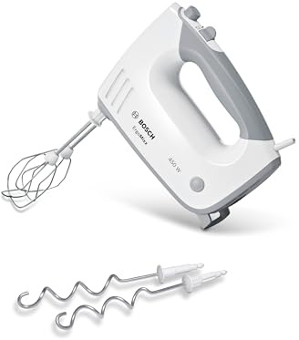 Bosch Handrührer ErgoMixx MFQ36400, 2 Rührbesen, 2 Edelstahl-Knethaken, spülmaschinengeeignet, 5 Stufen plus Turbostufe, 450 W, weiß