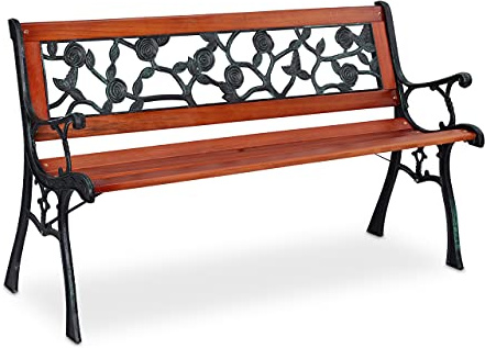 Relaxdays Gartenbank, Rosenmuster, 2 Sitzer, Holz & Gusseisen, Balkon & Terrasse, Sitzbank, 73x125x52,5 cm, Natur/grün