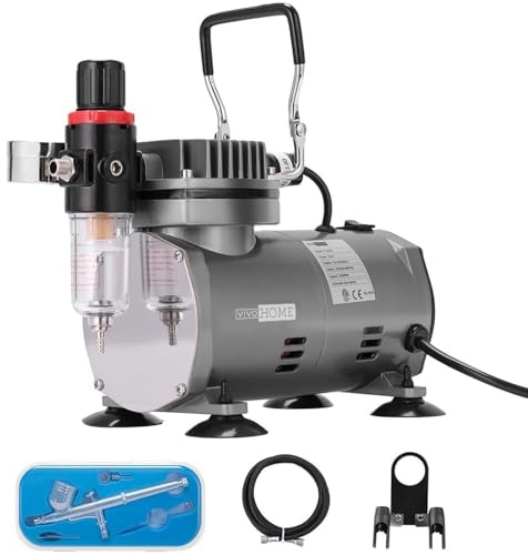VIVOHOME Airbrush Set mit Kompressor 1/5 PS Leistungsstarker Luftstrom Luftdruck inkl. Double Action Airbrush Pistole mit Halterung und Zubehör für Einsteiger Profis Kunst Tattoo Nail