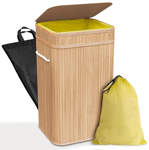 COTTARA® gelber Sack Ständer 60–120L – Mülleimer mit Deckel aus Bambus | Müllsackständer für Gelbe Säcke aus Bambus inkl. waschbare Innentasche, 60-120L Müllsystem Behälter für Recycling und Abfall