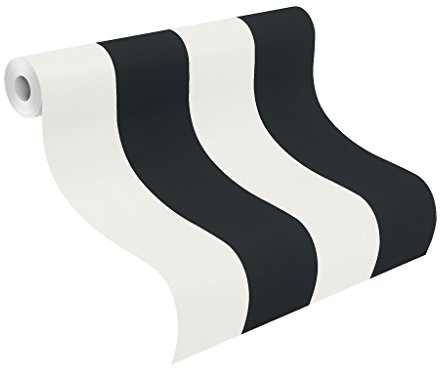 rasch Tapete 286694 Papiertapete mit Streifen in Schwarz-Weiß - 10,05m x 0,53m (L x B)