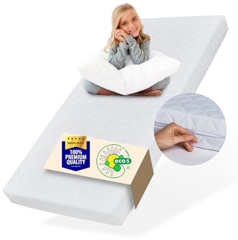 Matratze 90x200 Baby Kindermatratze 90x200 cm mit waschbarem Bezug für Kinder 10 cm hoch, mit Spannbettlaken aus 100% Baumwolle, Wendematratze eco5 Zertifizierung für Kinderbett Bodenbett