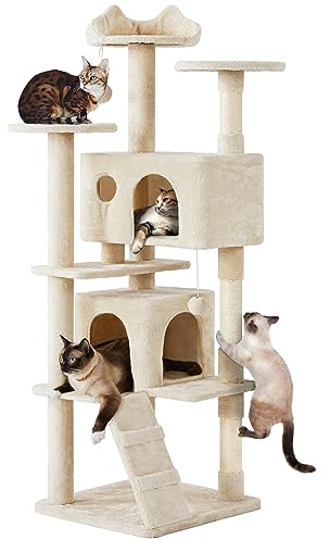 Yaheetech Kratzbaum groß Kletterbaum 178 cm hoch Katzenkratzbaum, Stabiler Katzenbaum mit 3 Plattformen, 3 Kratzsäulen, 2 Höhle, Plüschbälle Katzenmöbel, Beige