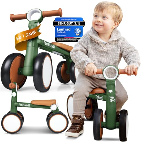 Rollindi® Walk – Laufrad ab 1 Jahr, sicher & Ultraleicht, verstellbar bis 36 Monate, Rutschauto ab 1 Jahr, Laufräder für Indoor & Outdoor, leise & schonend, Grün