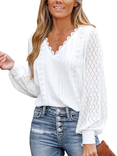 CUPSHE Damen Blusen mit V Ausschnitt, überbackener Spitze, Lange Spitzenärmel, gebänderte Manschetten, schickes, Elegantes Hemd, Weiß L