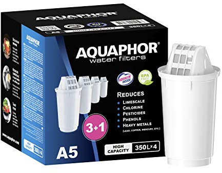 AQUAPHOR Filterkartusche A5 Pack 3+1 I Filtert Kalk & Chlor sowie Schwermetalle & andere Stoffe I 350l klares Wasser I Mit AQUALEN Technologie I Für besseres Essen & Trinken I Schont Küchengeräte