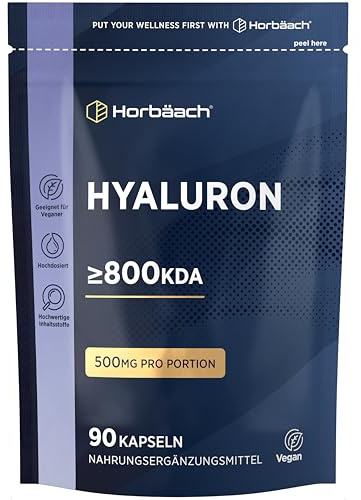 Hyaluron Kapseln Hochdosiert 800 kDa | 90 VEGANE Hyaluronsäure Kapseln | 500mg | Alternative zu Kollagen | Hyaluronic Acid | Vegane | von Horbaach