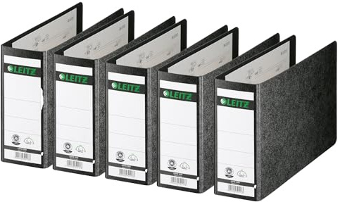 Leitz Qualitäts-Ordner 180° A5 quer, 5er Pack, Schwarz, 80 mm Rücken, A5-Querformat, Einband aus Hartpappe, 10760000