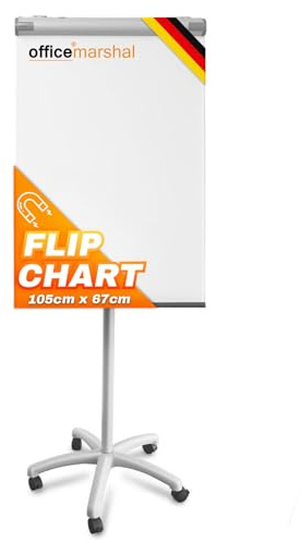 OfficeMarshal Flipchart Whiteboard mobil mit Rollenfuss Ständer 73x105cm | Höhenverstellbar bis 210cm, Beschreibbar, Trocken abwischbar, magnetisch (Piranha)