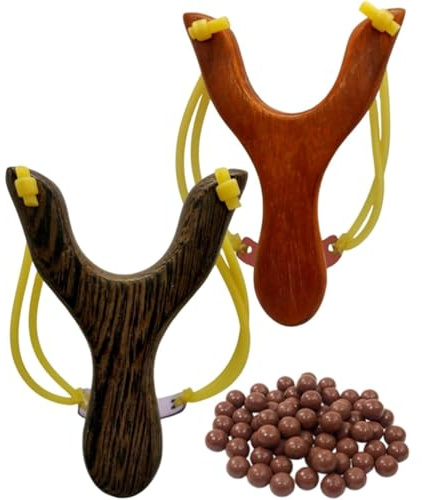 Luoyer® Steinschleuder Holz Zwille 2er Set Slingshot Holzschleudern mit starkem Doppelschlauch-Gummiband Schleuder Set inkl. Schleudermunition Tonkugeln Sportschleuder Natur Katapult für Outdoor