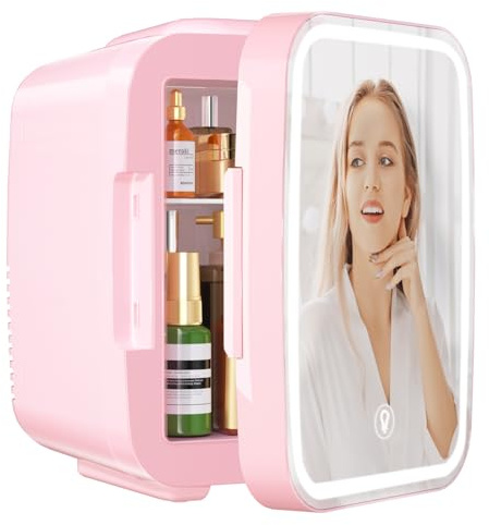 YASHE Mini-Kühlschrank für Schlafzimmer, Skincare mit LED-Spiegel, kleiner Kühlschrank, 4 l, tragbar, Thermoelektrisch, Heizung & Kühler, 220 V AC/12 V DC, für Auto, Büro, Schlafsaal (Rosa)