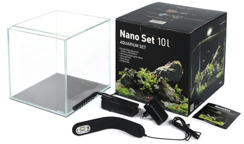 AquaLighter Nano-Aquarium 10 l Weißglas-Set, Nano-Aquaristik | Mit LED-Beleuchtung und Filter, Würfelaquarium für Garnelen, Nano-Aquaristik, Aquascaping, Mini-Aquarium, Zwerggarnelen