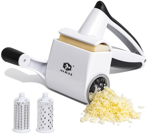 ANJUKE Parmesanreibe, Classic Käsereibe mit Kurbel, 2-in-1 Rotierende Rotary Käsereibe mit 2 Edelstahltrommel für müheloses Reiben von Hartkäse, Schokolade, Nüssen und vielem mehr. Spülmaschinenfest