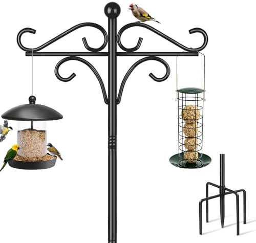 Ständer für Vogelfutterhaus auf Fuß, ca. 195 cm, ca. 2 m, verstellbar mit 2 Haken, robuster freistehender Doppelständer für den Garten, leuchtende Laterne, Metallaufhängung, Schwarz