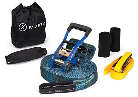 Klarfit Slackline, Slackline, Slackline-Set mit Übungsline, Ratsche, Seile&Hilfs-Slackline, Baumschutz, 15m Zipline, 150kg Traglast, Ninja Warrior Inspirierte Trainingsgeräte, Blau-Gelb