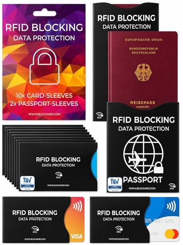 TÜV geprüfte RFID Blocker NFC Kartenhülle | 12 Schutzhüllen für Kreditkarte, EC Karte, Bankkarte & Reisepass | Scheckkartenhülle Kreditkarten Schutzhülle Bankomatkarten Bankkarten Karten Schutz Hülle