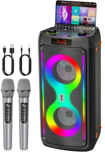 Karaoke-Maschine, Tragbarer Bluetooth-Lautsprecher mit 2 drahtlosen Mikrofonen für Erwachsene, PA-System mit Disco-Lichtern für große Party, Outdoor, unterstützt USB/TF/Rec/AUX