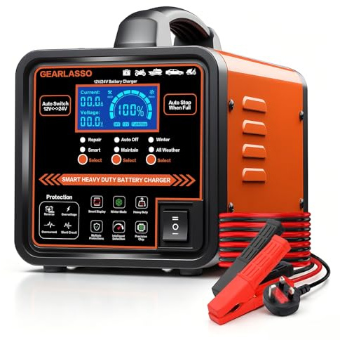 GEARLASSO 12V 24V Autobatterie Ladegerät, 0-15A Batterie-Erhaltungsgerät mit automatischer Abschaltung, Reparatur- und Wintermodus, Smart Erhaltungs-Ladegerät für Auto, LKW, Motorrad, AGM-Batterien