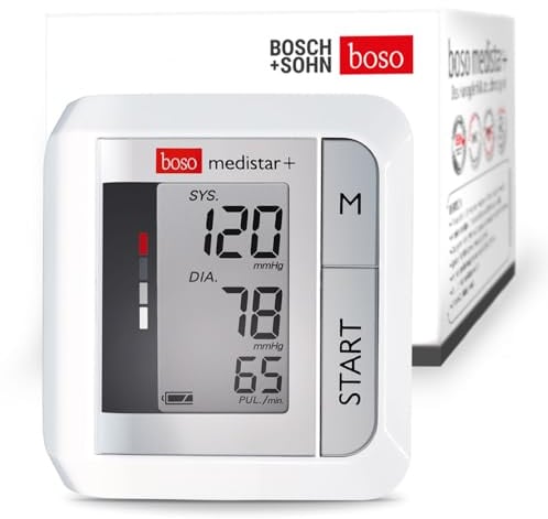 BOSCH + SOHN boso medistar+ – Handgelenk-Blutdruckmessgerät mit Speicher für 90 Messungen, extra großem Display und Arrhythmie-Erkennung – Inkl. Handgelenkmanschette (13,5-21,5 cm)