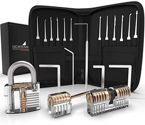 Meistergut DAS ORIGINAL XXL Profi Lockpicking Set mit Deutscher Bildanleitung 24-teilig - Dietrich Set mit 3 transparenten Übungsschlössern - Lock Picking Kit für Anfänger und Profis (Schwarz)