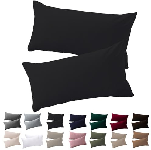 Soifox Kissenbezug 40 x 80 2er Set - Kopfkissenbezug 40x80 Schwarz 100% Mikrofaser bügelfrei & knitterfrei mit Reißverschluss