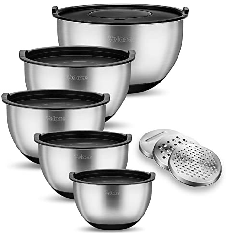 Velaze Edelstahl Schüssel Set, 5 Stück Salatschüssel mit Deckel, Rührschüssel mit 3 Reibeneinsatz, Rutschfester Silikonboden, 5L+3L+2L+1.5L+1L Verschiedene Größen für Verschiedene Bedürfnisse, VQS-5