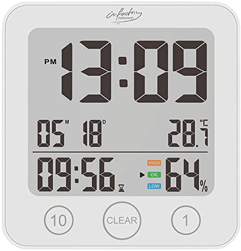 infactory Badezimmeruhr Digital: Digital-Badezimmer-Uhr, Thermo-/Hygrometer, LCD, Saugnapf, Timer, IP54 (Uhr für Badezimmer zum Hinstellen, Badezimmeruhr mit Saugnapf, WC)