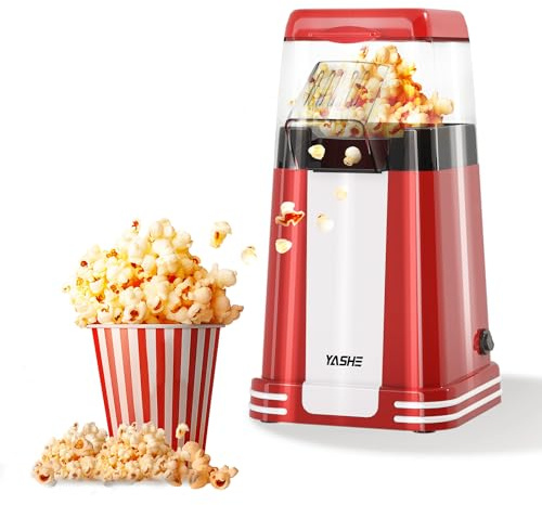 YASHE Popcornmaschine Retro, 1200 W Heißluft-Popcornmaschine mit Messbecher, One-Touch, Ölfrei, Perfekt für Heimkino, Filmabende, Partys, Rot