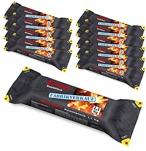 Flammburo | Kaminblock 10 x 1,1 kg | Aus Sägespänen und biologischem Wachs | Brenndauer bis zu 2,5 Stunden ohne Funkenflug | Für Kamin, Ofen und Feuerschale