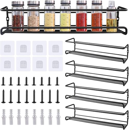 Zosenyer Gewürzregal Wand, 4er Set Gewürz Organizer aus Metall, Gewürzhalter Hängend ohne Bohren, Kühlschrank Organizer Küchenregal, Schwarz