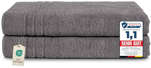 Komfortec 2er Saunahandtuch Set 80x200 cm, Große Saunatücher aus 100% Baumwolle, Sauna Handtücher, Flauschig und Saugstark, Schnelltrocknend, Anthrazit Grau
