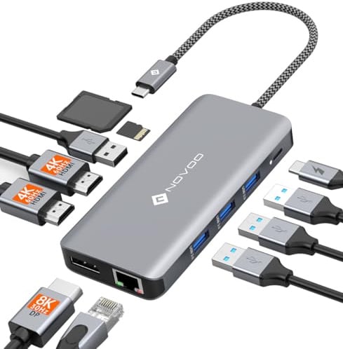 NOVOO 11 in 1 Docking Station 4K@60Hz Triple Display USB C Hub Dual HDMI mit 4K@120Hz DisplayPort Multiport Adapter, 2 HDMI 4K@60Hz, Gigabit Ethernet, 100WPD, SD/TF, 4xUSB für MacBook, andere Laptops