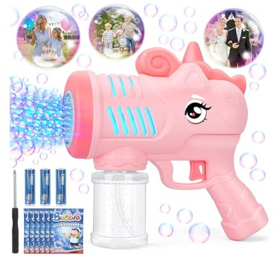 Seifenblasenmaschine, KETIEE Einhorn Seifenblasenpistole Kinder, Seifenblasen Pistole mit 6 Seifenblasen Flüssigkeit, Bubble Gun Machine mit Licht Einhorn Seifenblas Spielzeug Geburtstag Party, Rosa