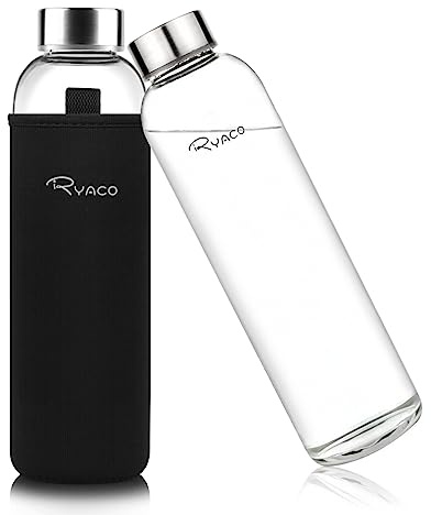Ryaco Trinkflasche aus Glas 1 liter/1L/1000ml,Glasflasche mit Neoprenhülle,Glastrinkflasche mit Schraubverschluss,Wasserflasche Glas für heiße kalte Getränke,spülmaschinenfest