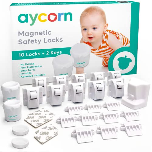 Aycorn Magnetisches Schrankschloss für Kinder & Babys - Kindersicherung Schrank, Schubladen - Schranksicherung Baby ohne Bohren - Einfache Montage mit BONUS Video - 10 Schlösser, 2 Schlüssel